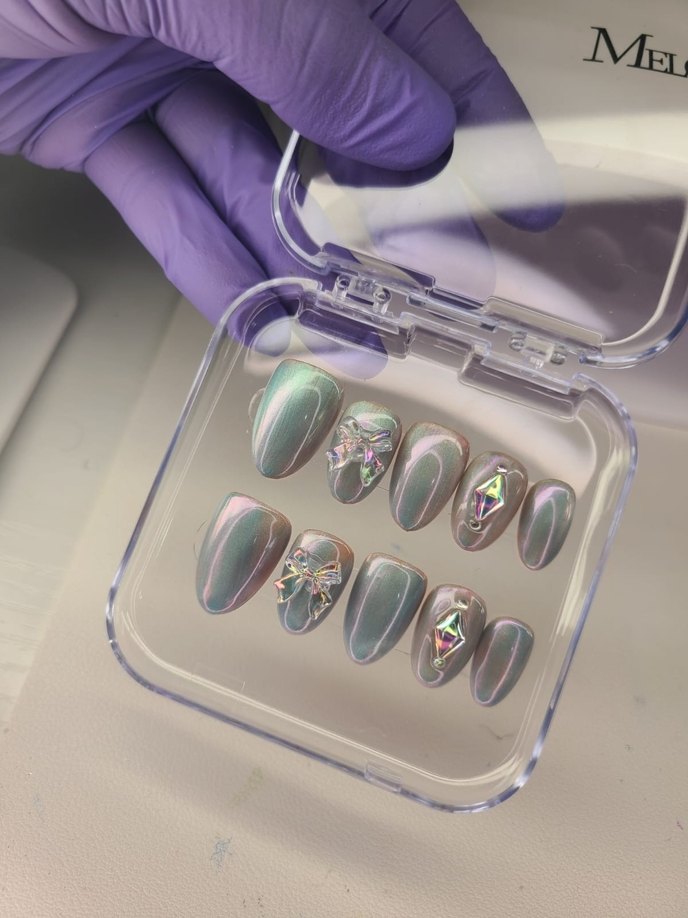 Size (M) Gel Press-On Nails - Iridescent Pearl with Rhinestone Accents